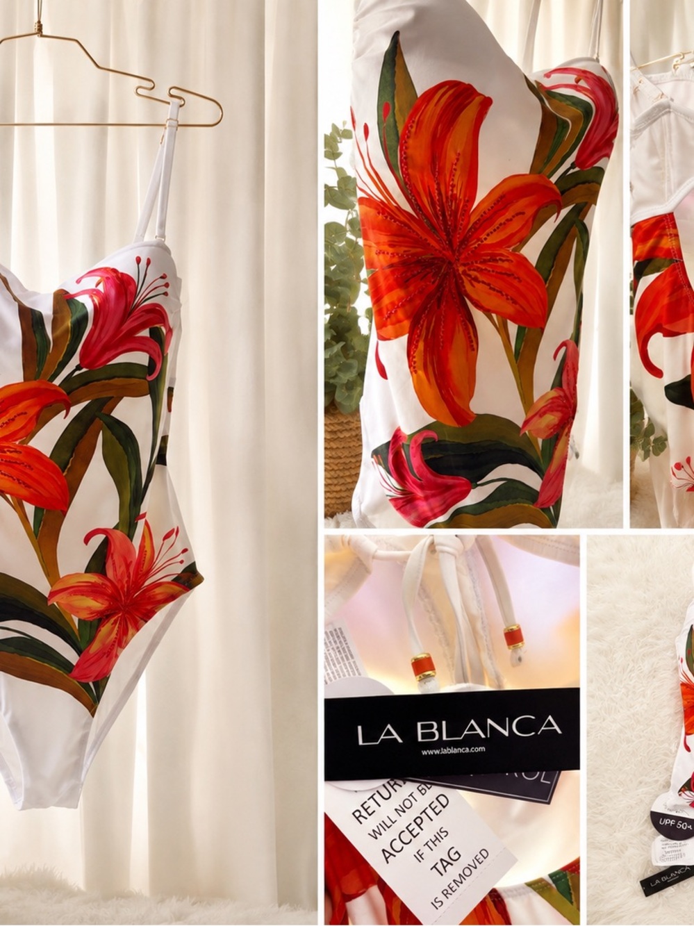 La Blanca White One-Piece Swimsuit with Red-Orange Floral Print